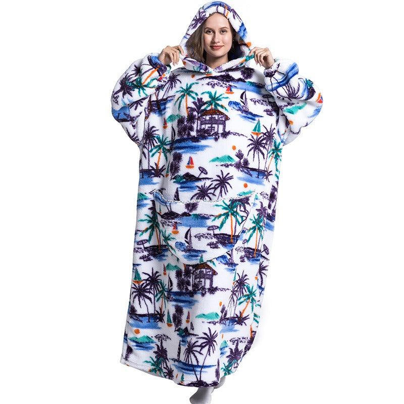 Super Long Flannel Blanket with Sleeves Winter Hoodies Sweatshirt Pullover Fleece Giant Wearable Blanket Hoodie Oversized