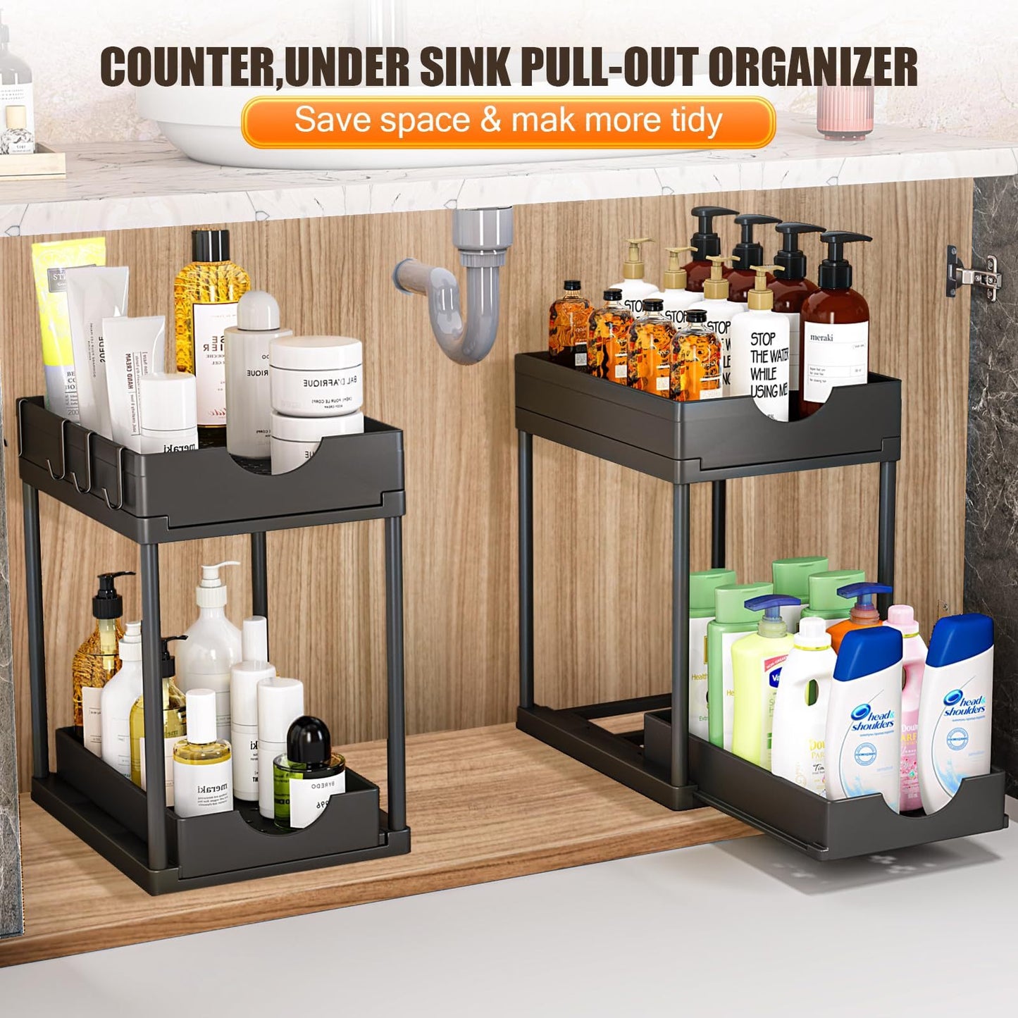 Under Sliding Cabinet Basket Organizer 2 Tier Storage Under Cabinet Bathroom Under Sink Organizers