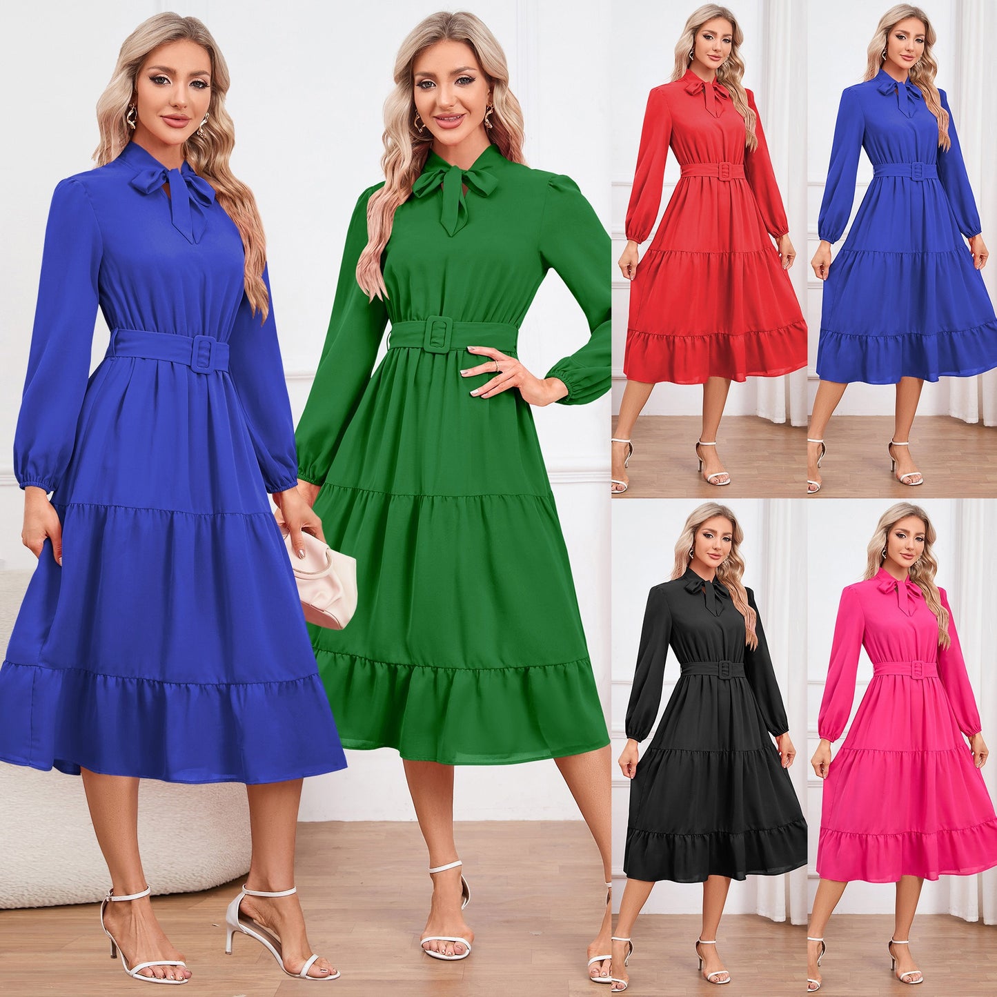 Elegant and slim fitting temperament, tie up collar dress, layered cake A-line skirt