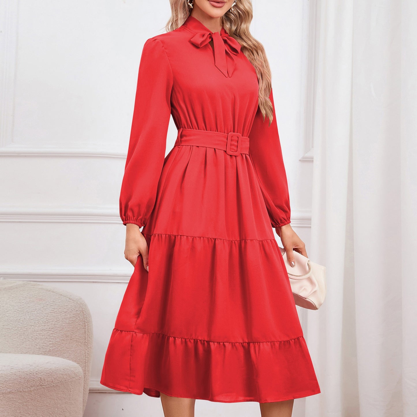 Elegant and slim fitting temperament, tie up collar dress, layered cake A-line skirt