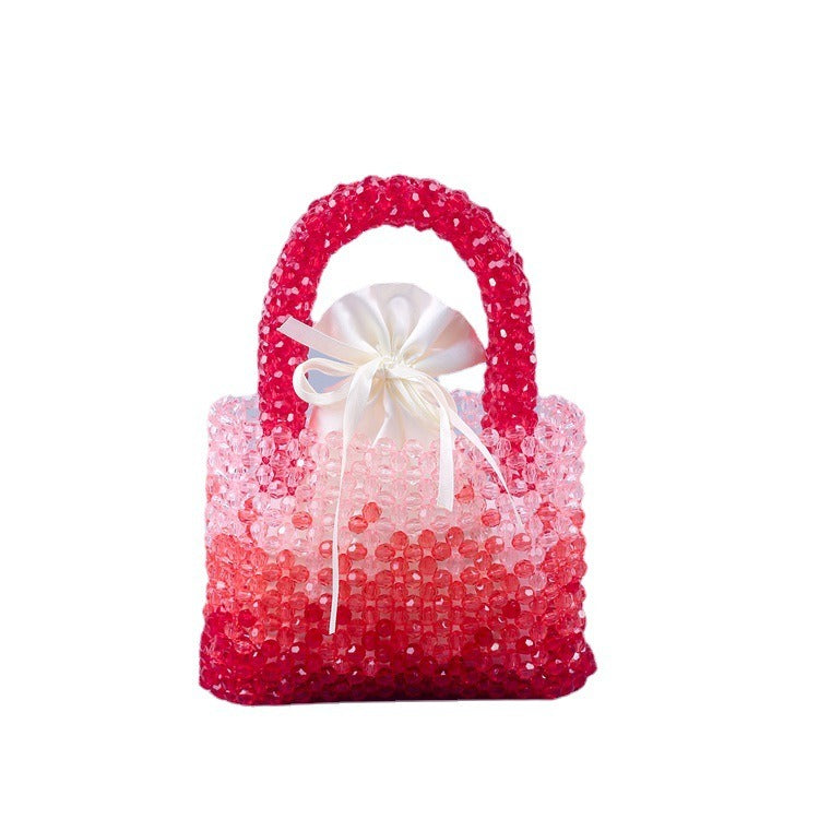 Handmade beaded woven crystal bead handbag gradient red small square bag fashionable and versatile women handbag