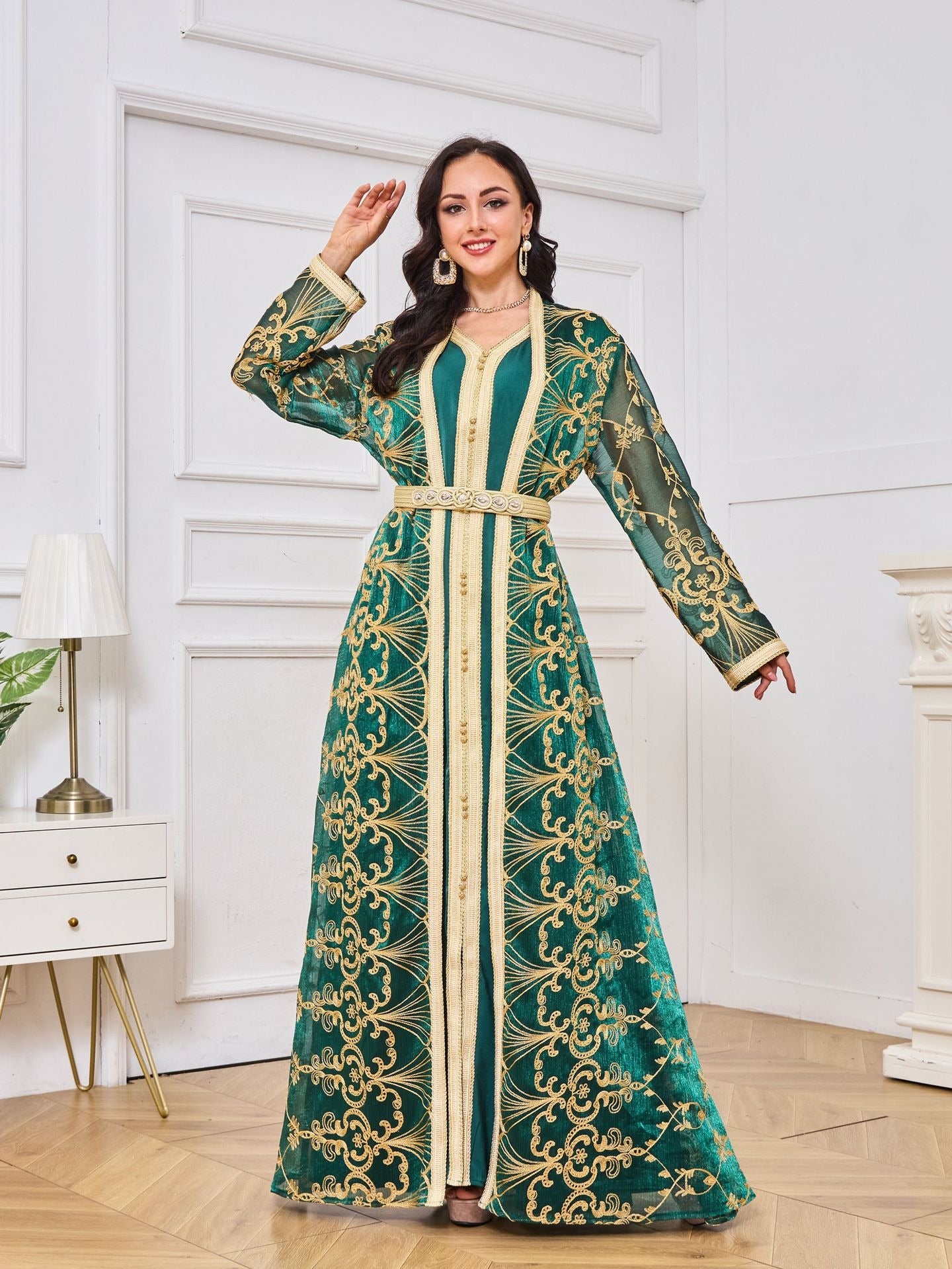 Muslim robe women's embroidered long cardigan two-piece set temperament dress