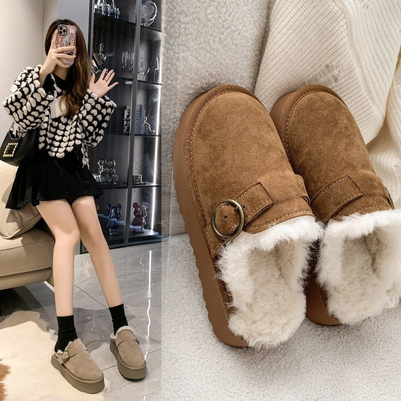 Women Thicken Plush Fur Slippers Winter Slip on Chunky Platform Loafers Mules Woman Thick Bottom Cotton Slippers Flip Flops