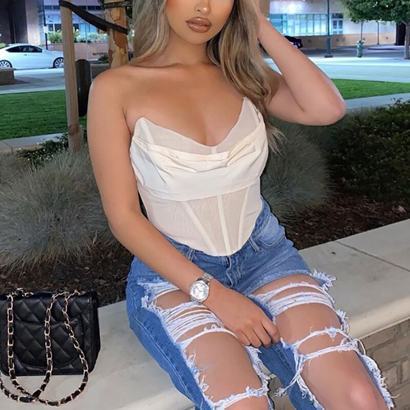 Skinny Off Shoulder Tank Top Women White Sleeveless Sexy Strapless Female Top Spring Streetwear Slim Mesh Crop Top