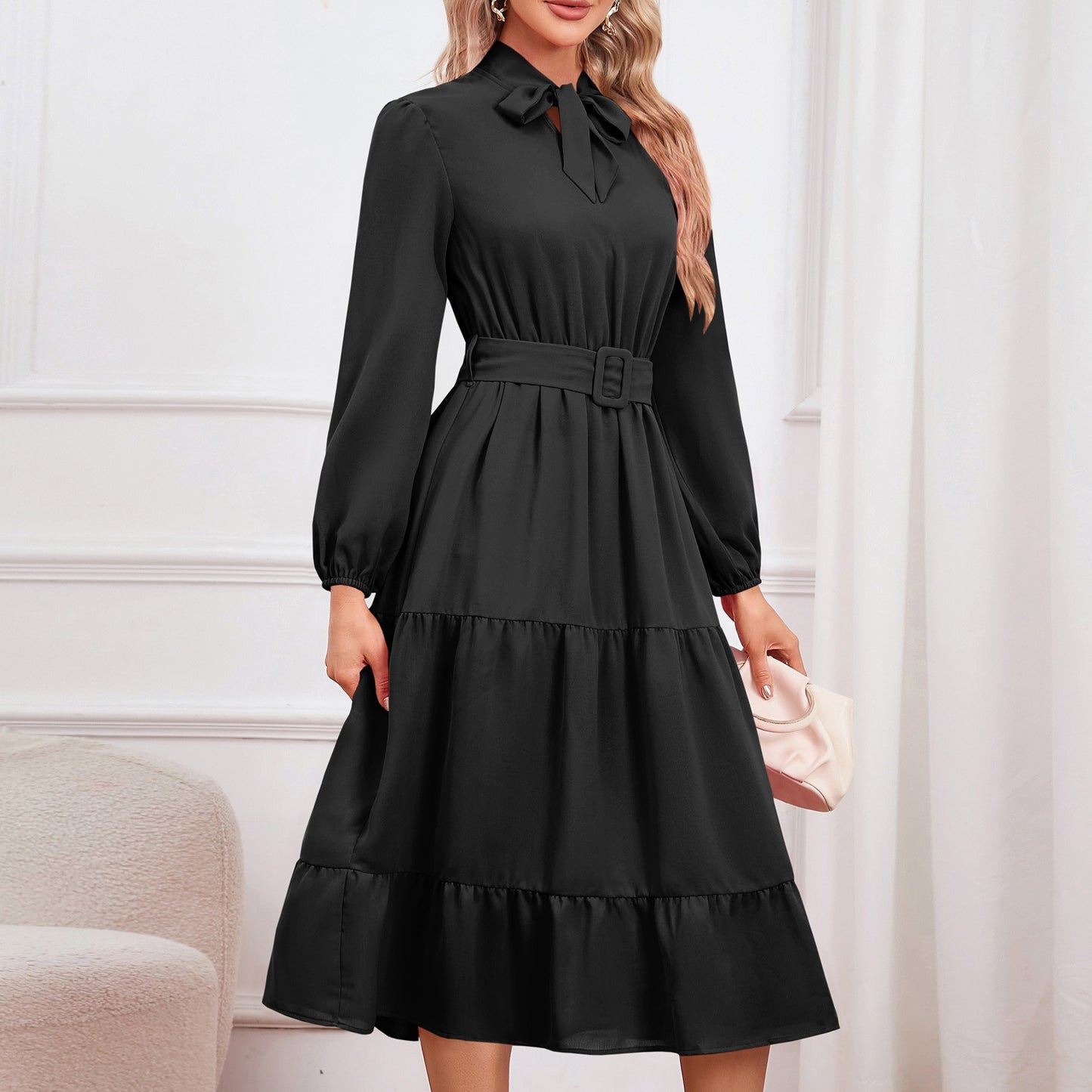 Elegant and slim fitting temperament, tie up collar dress, layered cake A-line skirt