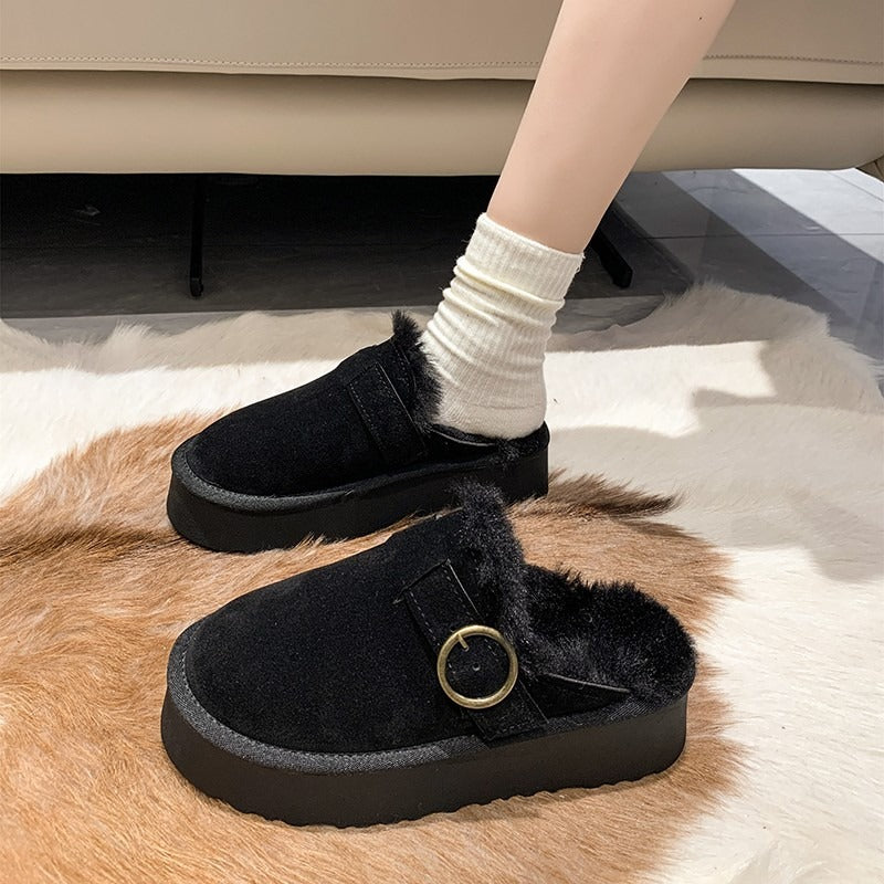 Women Thicken Plush Fur Slippers Winter Slip on Chunky Platform Loafers Mules Woman Thick Bottom Cotton Slippers Flip Flops