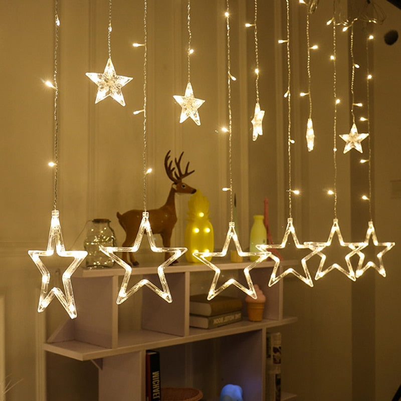 Star Light  Christmas Decoration - Jenaklo  Item Type:Night LightsBody Material:PlasticShape:Snowflake Emitting color: Warm white / Multicolor The length: 3m width(length) The lead wire(the cord): 1.5m The height: 3m LED Qty: 128leds End plug: Yes The modes of the controller: 8 modes The memory function: Yes The wattage: 0.6W 1x Star icicle light 3m Jenaklo #