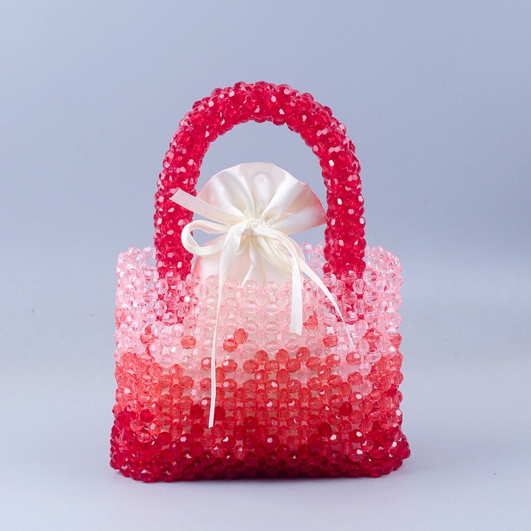 Handmade beaded woven crystal bead handbag gradient red small square bag fashionable and versatile women handbag