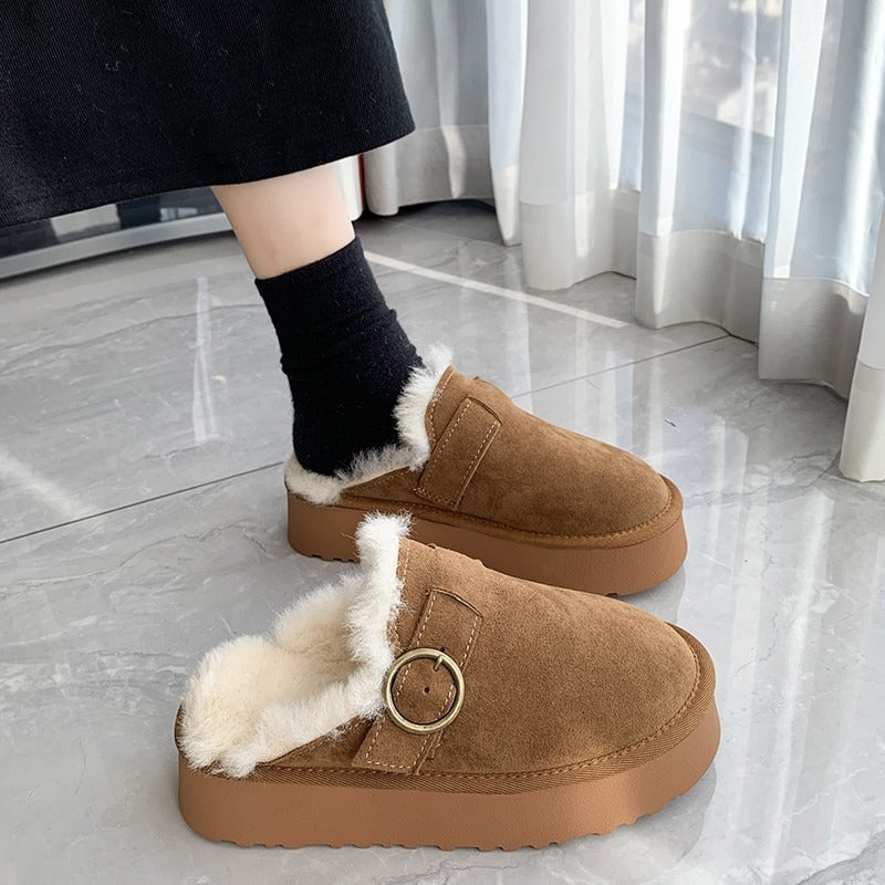 Women Thicken Plush Fur Slippers Winter Slip on Chunky Platform Loafers Mules Woman Thick Bottom Cotton Slippers Flip Flops