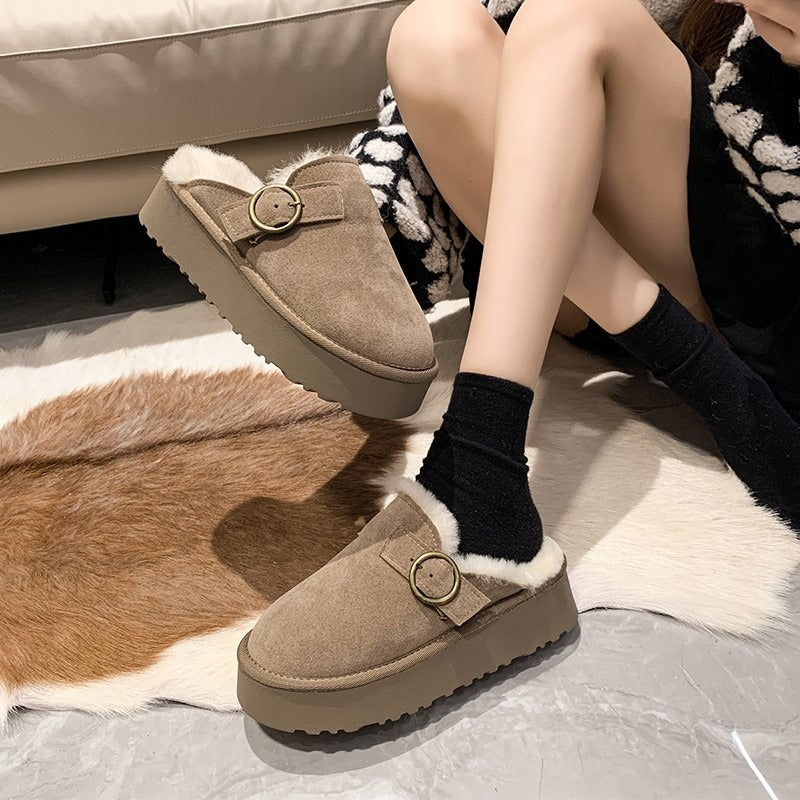 Women Thicken Plush Fur Slippers Winter Slip on Chunky Platform Loafers Mules Woman Thick Bottom Cotton Slippers Flip Flops