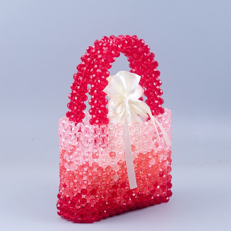 Handmade beaded woven crystal bead handbag gradient red small square bag fashionable and versatile women handbag