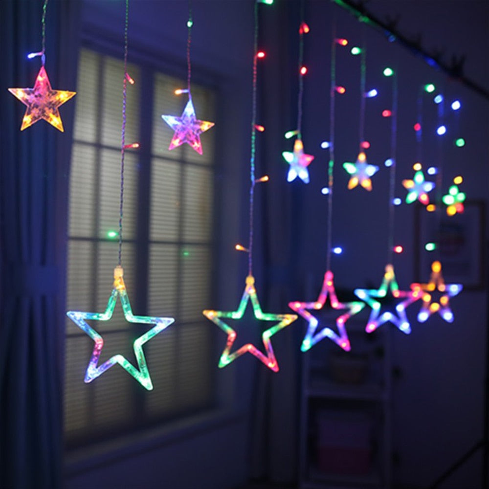 Star Light  Christmas Decoration - Jenaklo  Item Type:Night LightsBody Material:PlasticShape:Snowflake Emitting color: Warm white / Multicolor The length: 3m width(length) The lead wire(the cord): 1.5m The height: 3m LED Qty: 128leds End plug: Yes The modes of the controller: 8 modes The memory function: Yes The wattage: 0.6W 1x Star icicle light 3m Jenaklo #