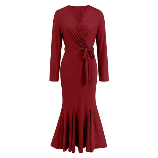 Women's V-neck long sleeved slim fit temperament fishtail skirt knitted long dress, hot selling dress