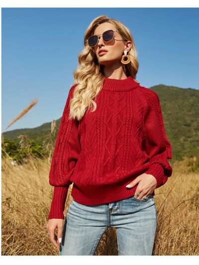 Ribbed Mock Neck Lantern Sleeve Sweater