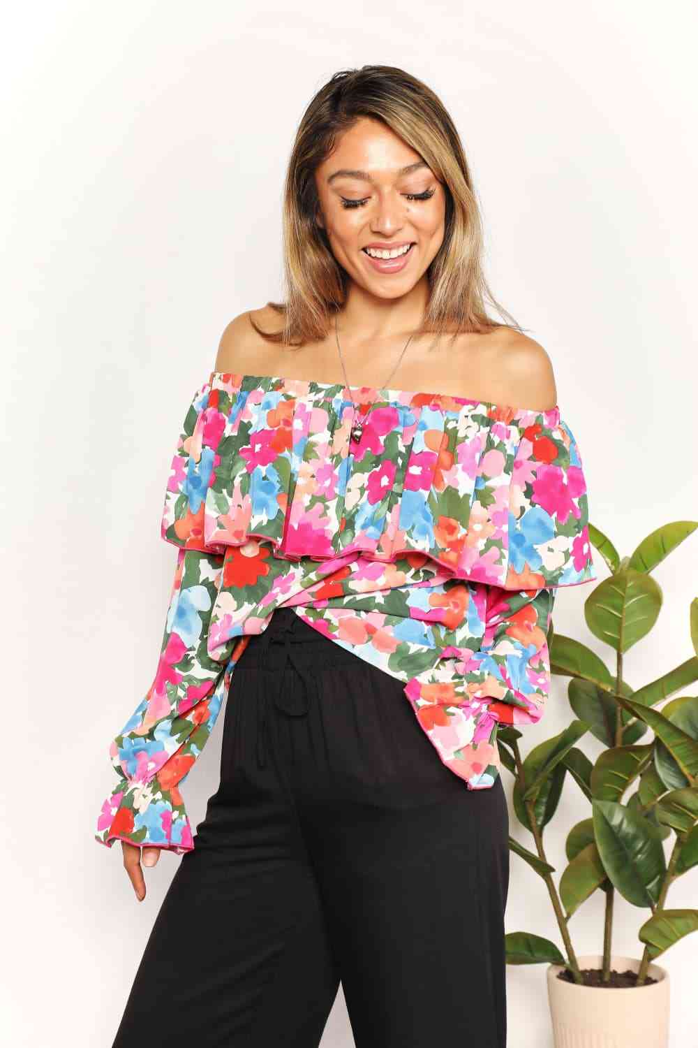 Double Take Floral Off-Shoulder Flounce Sleeve Layered Blouse