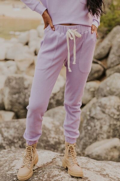 Waffle Knit Long Sleeve Top and Drawstring Pants Set