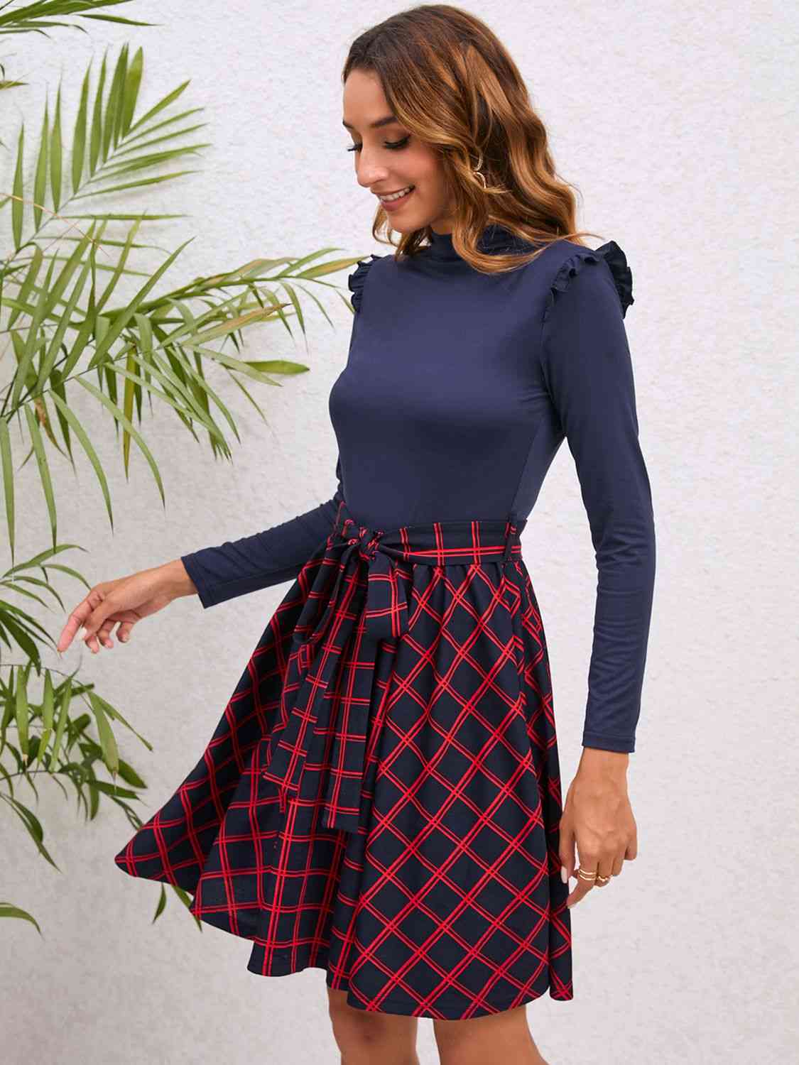 Plaid Tie Waist Ruffle Shoulder Dress