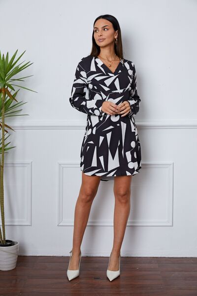 Geometric V-Neck Roll-Tab Sleeve Mini Dress