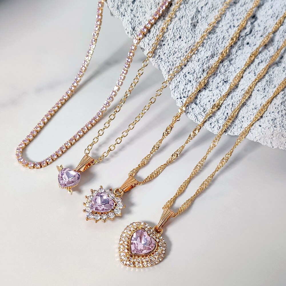 Multi-layer Pink Heart Crystal Necklaces