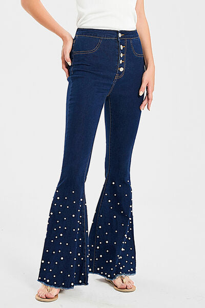 Pearl Detail Raw Hem Flare Jeans