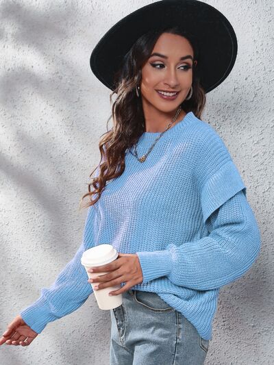 Ruffled Round Neck Dropped Shoulder Sweater