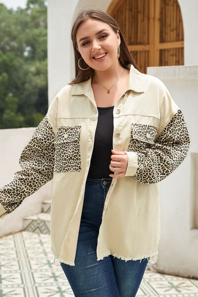 Plus Size Leopard Button Up Raw Hem Denim Jacket