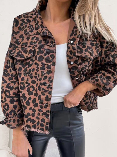 Leopard Raw Hem Dropped Shoulder Denim Jacket