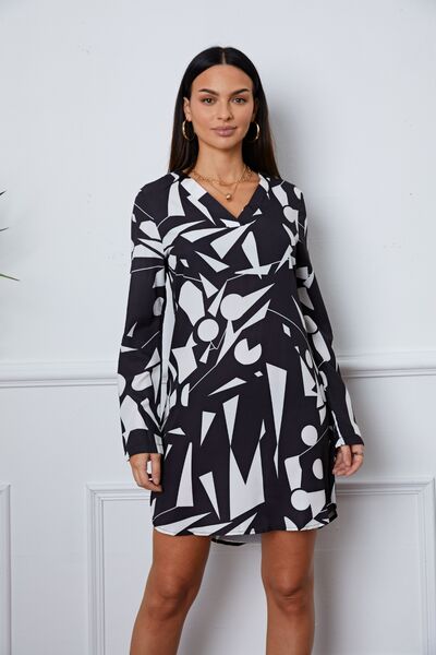 Geometric V-Neck Roll-Tab Sleeve Mini Dress