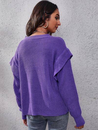 Ruffled Round Neck Dropped Shoulder Sweater