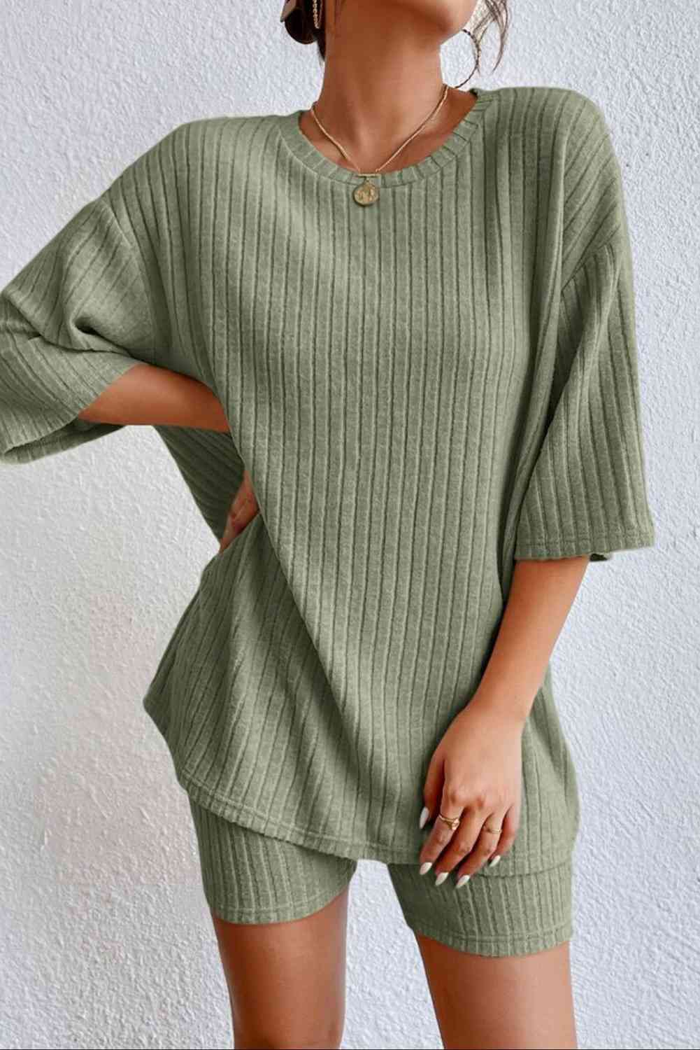 Round Neck Ribbed Top and Shorts Lounge Set